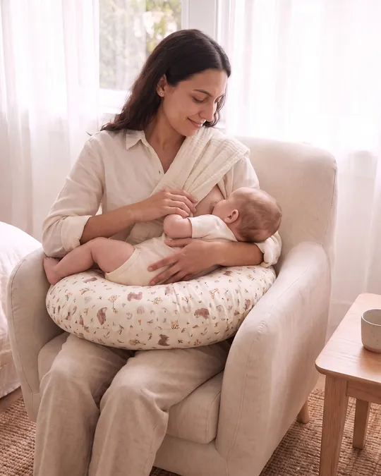 Mamá amamantando a su bebé en un sillón con un almohadón de lactancia estampado con ositos y conejos.