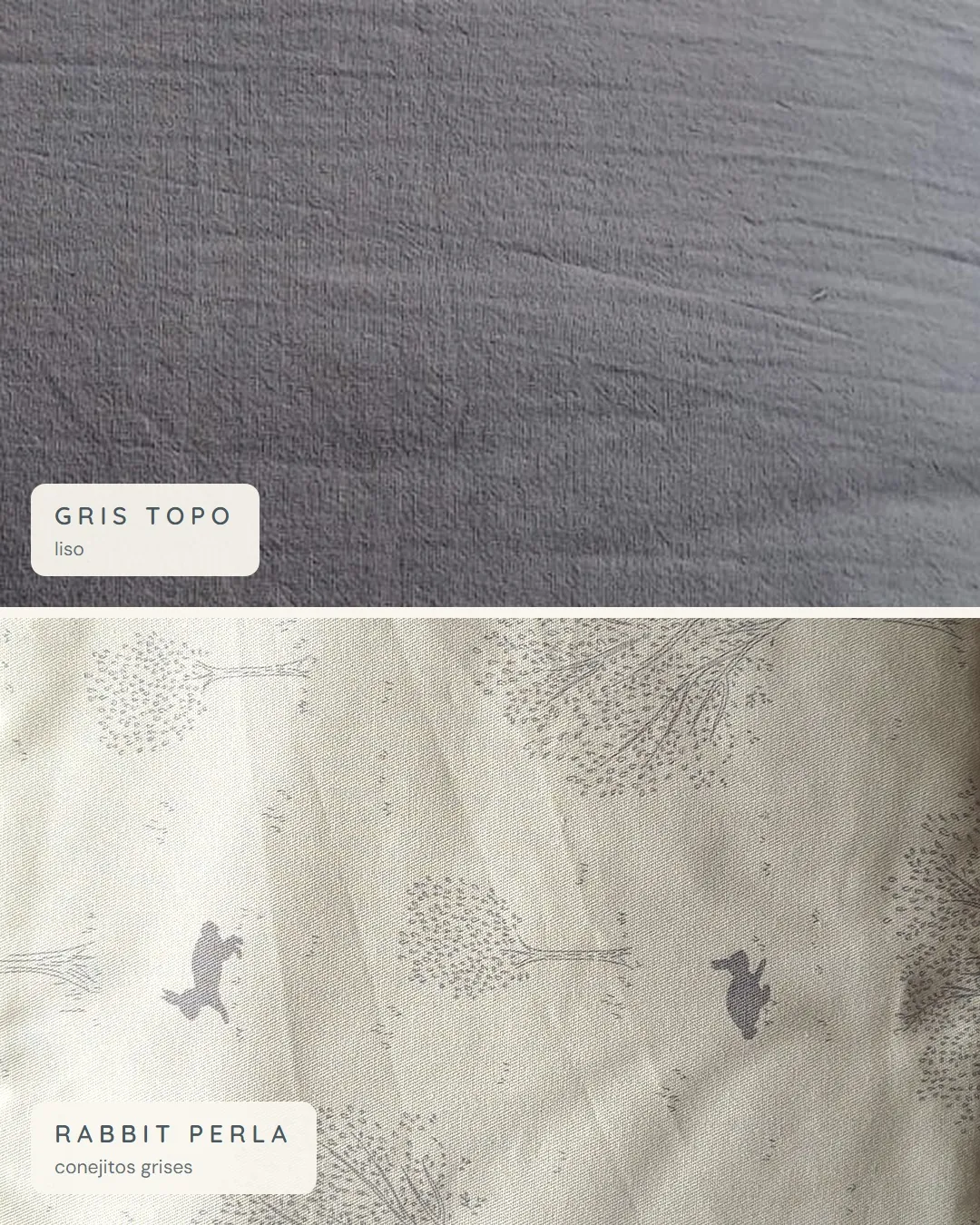 Telas de la chichonera para cuna colecho, gris topo liso y Rabbit perla con conejitos grises.