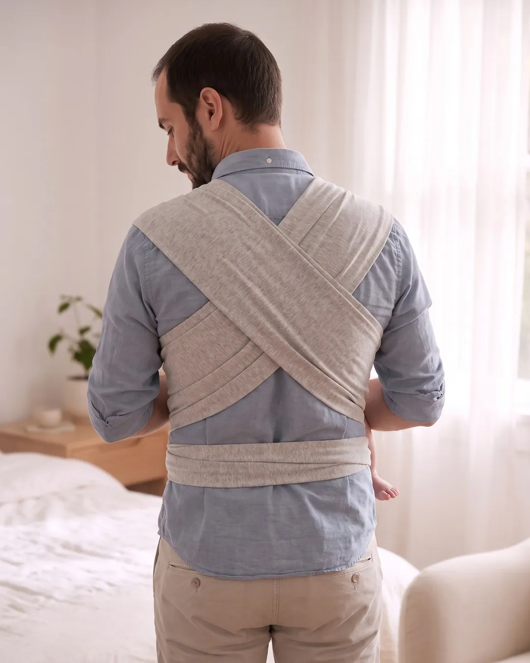 Espalda de un papá con el fular elástico gris cruzado en X sobre una camisa celeste.