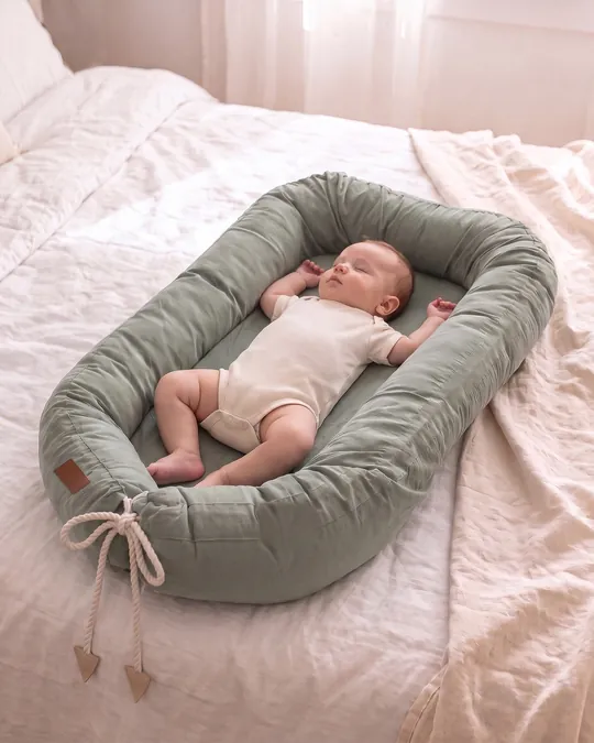 Bebé durmiendo boca arriba dentro de un nido de contención verde seco de tusor sobre una cama.